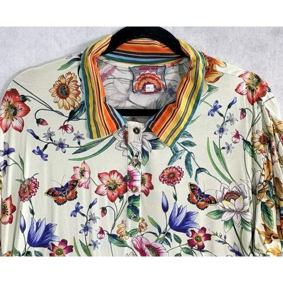 JOHNNY WAS Women Felix Short Sleeve Floral Polo Shirt Sz L Multicolor Golf 50-5 - Picture 4 of 9